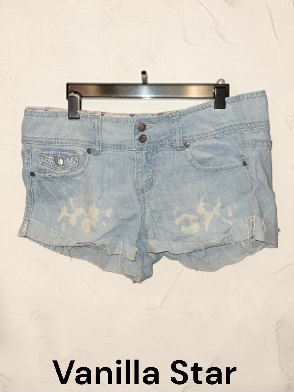 Vanilla Star Bleached Light Blue Distressed Denim Shorts
